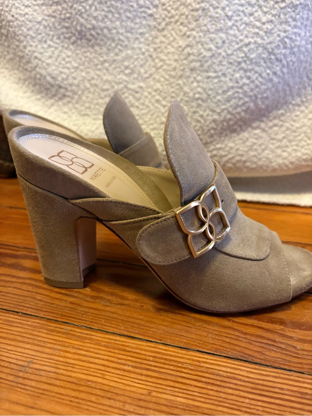 Mavette Firenze Suede Block Heel Mules in Taupe with Decorative Buckle